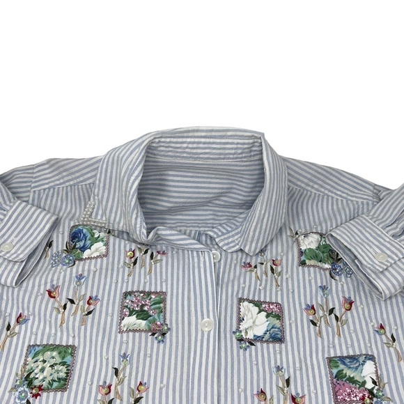 Floral Patchwork Pearl Embellished Cotton Long Sleeve Blouse Size 1X Striped - Picture 13 of 13